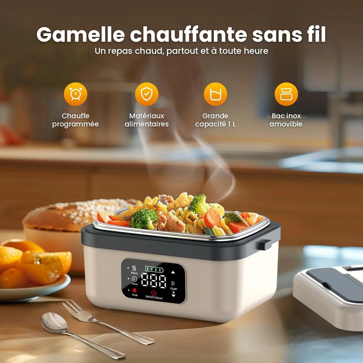 Gamelle chauffante sans fil Midichaud avec un plat de pâtes chaud
