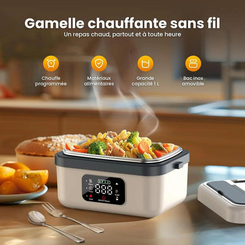 Gamelle chauffante sans fil Midichaud avec un plat de pâtes chaud