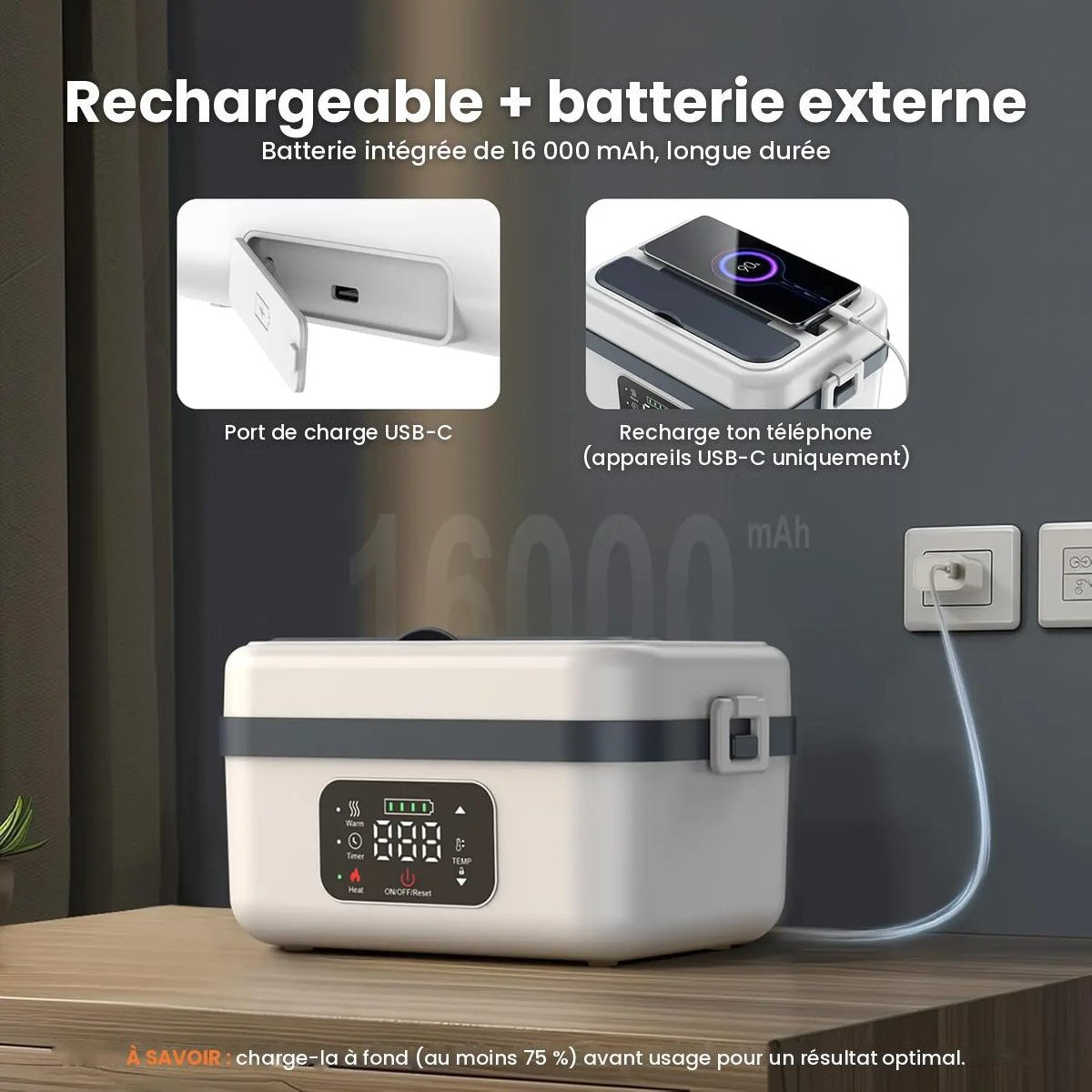 Batterie 16 000 mAh rechargeable en USB-C, fonction batterie externe
